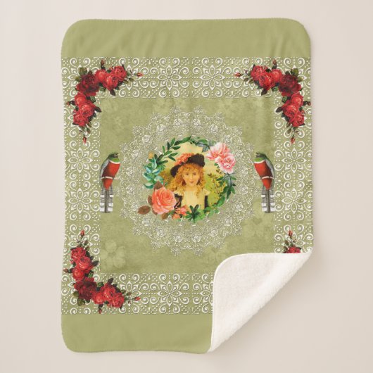 vintage Retro met kant en bloemen Sherpa Deken (Voorkant)