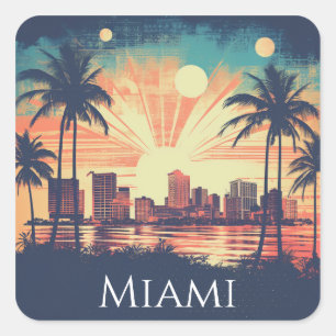 Vintage Retro Miami Florida Zonsopgang Reizen Vierkante Sticker