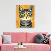 Vintage Retro Minimalist Tabby Cat Portrait Canvas Afdruk (Insitu (Woonkamer))