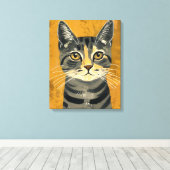 Vintage Retro Minimalist Tabby Cat Portrait Canvas Afdruk (Insitu (Houten vloer))