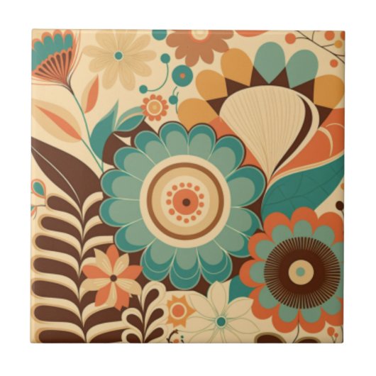Vintage retro ontwerp bloem bruin beige groen tegeltje (Voorkant)
