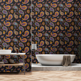 Vintage Retro Oranje Blauwe Paarse Paisley Patroon Behang