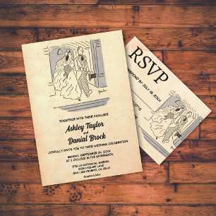 Vintage Retro Oude Bruid Bruidegom Strips Landelij Kaart