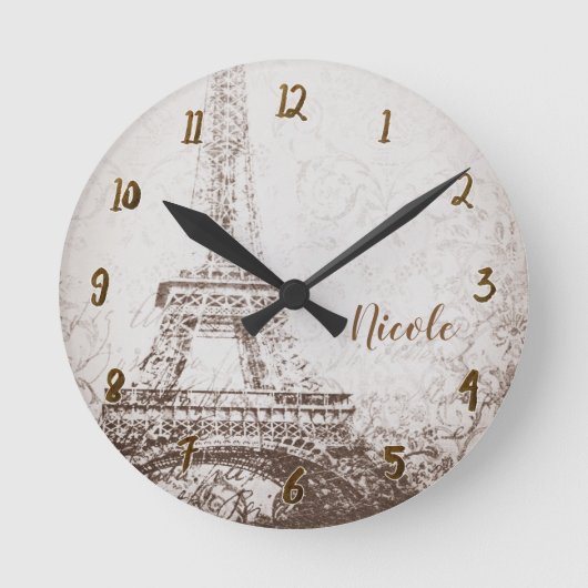 Vintage Retro Paris Eiffel Tower Personalized Ronde Klok (Voorkant)
