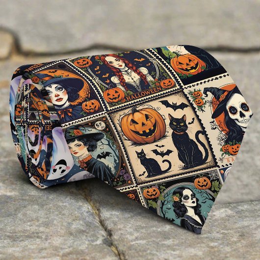 Vintage Retro Pumpkin Witch Halloween Pattern Stropdas
