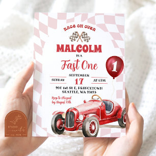 Vintage Retro Rode Raceauto Snel Eén 1e Verjaardag Kaart