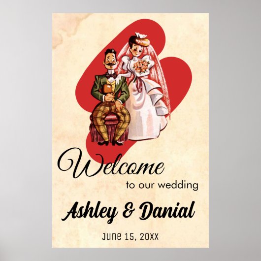 Vintage Retro Romantic Bride Groom Rustic Wedding Poster (Voorkant)