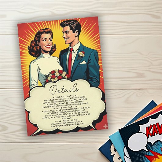 Vintage Retro Romantic Couple Comic Style Wedding Informatiekaartje