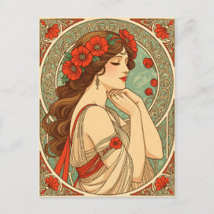 vintage retro romantic woman with red flowers briefkaart