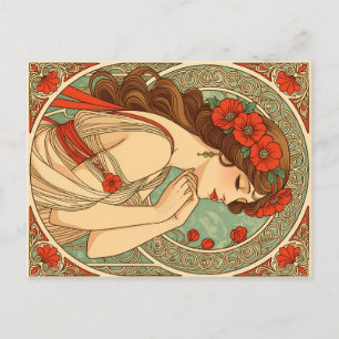 vintage retro romantic woman with red flowers briefkaart