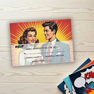 Vintage Retro Romantisch Koppel Comic Stijl Trouwe RSVP Kaartje
