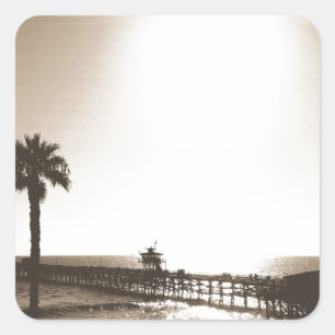 vintage retro san clemente pier california sepia vierkante sticker
