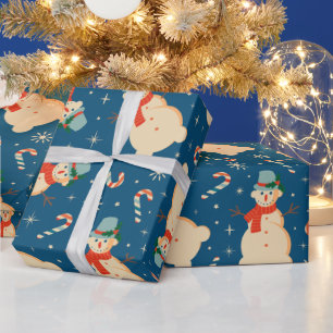 Vintage Retro Snowman en Candy Cane Blue Cadeaupapier
