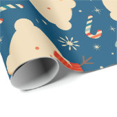 Vintage Retro Snowman en Candy Cane Blue Cadeaupapier (Rol Hoek)