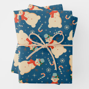 Vintage Retro Snowman en Candy Cane Blue Inpakpapier Vel
