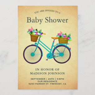 Vintage Retro Turquoise Bloemige Fiets Baby Shower Kaart