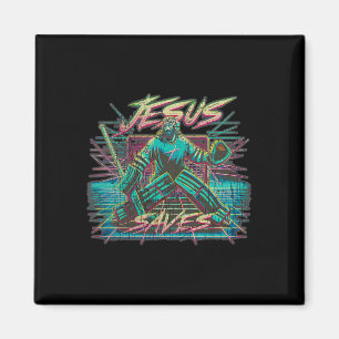 Vintage Retro Vaporwave Jezus Redt IJshockey Goa Magneet