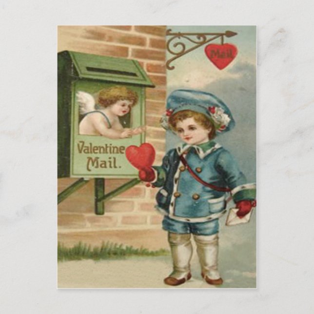 Vintage Retro Victoriaans Boy Mail Cupid Valentijn Feestdagenkaart (Voorkant)