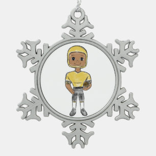 vintage retro voetbalspeler zwart geel eenvoudig tin sneeuwvlok ornament