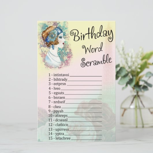 Vintage Retro Vrouw Verjaardag Woordzoekspel (Staand voorkant)