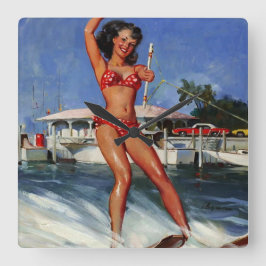 Vintage Retro Water Ski pinup girl Vierkante Klok
