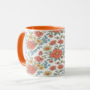 Vintage Retro Wilde Bloemenweide Oranje Tweekleuri Mok