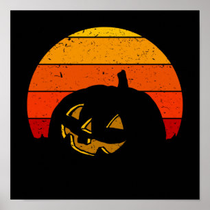 Vintage Retro Zonsondergang Halloween Pompoen I Poster