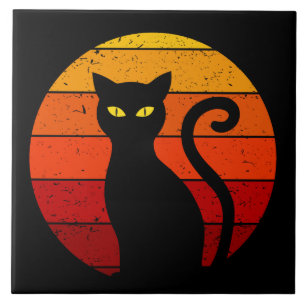 Vintage Retro Zonsondergang Halloween Zwarte Kat I Tegeltje