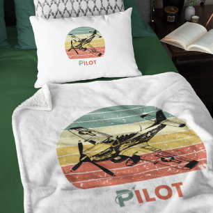 Vintage Retro Zonsondergang, Vliegtuig Piloot,Cool Fleece Deken