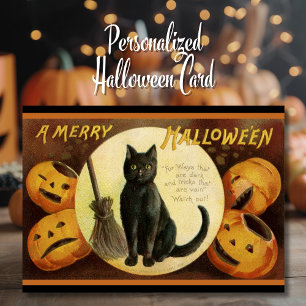 Vintage Retro Zwarte Kat Prettig Halloween Op Maat Feestdagen Kaart