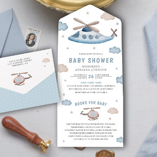 Vintage retroblauw helikoptervliegtuig Baby shower All In One Uitnodiging