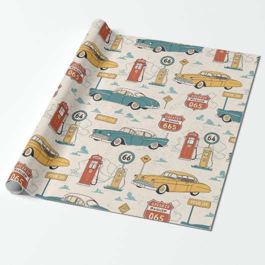 Vintage Road Trip Pattern (1) Cadeaupapier (Uitgerold)