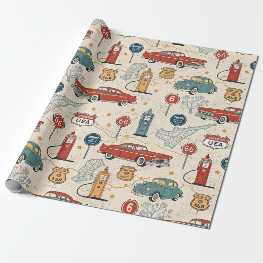 Vintage Road Trip Pattern (2) Cadeaupapier (Uitgerold)