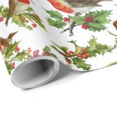 Vintage Robin Bird Holly Berries Kerstwinter Cadeaupapier (Rol Hoek)