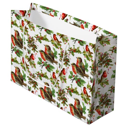 Vintage Robin Bird Holly Berries Winter Groot Cadeauzakje (Voorkant Gekanteld)
