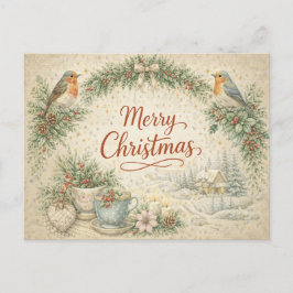 Vintage Robin Krans Gelukkig Kerstmis Feestdagenkaart