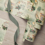 Vintage Robins en kerstgroeten Cadeaupapier<br><div class="desc">Een nostalgisch en elegant naadloos ontwerp met rode robins die op holly takken met antiek rollen,  rustige winterscènes en kerstgroeten in het Oude Engelse schrift op een sage groene achtergrond met subtiel damesbekledingspatroon zijn aangebracht.</div>