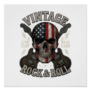 Vintage Rock Schedel Amerikaanse Vlag Gitaar Retro Perfect Poster