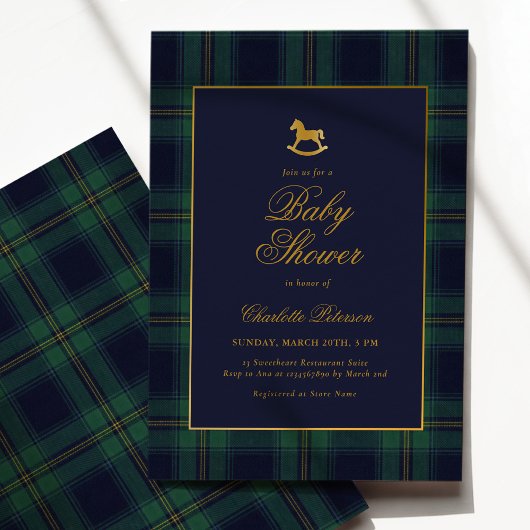 Vintage Rocking Horse Plaid Baby Shower Kaart
