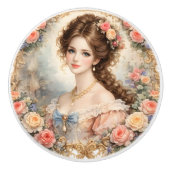 Vintage Rococo Lady, Romantic Floral  Keramische Knop (Voorkant)