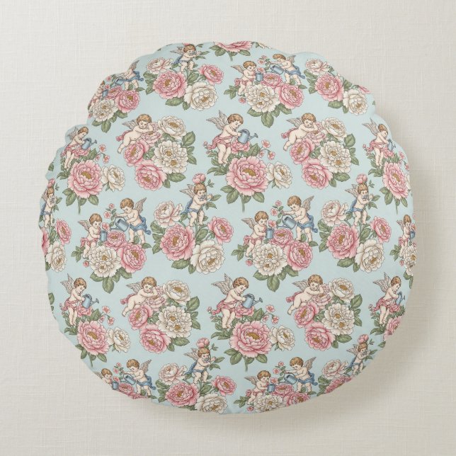 Vintage Rococo Revival Rozen Tuin Romantisch  Rond Kussen (Voorkant)