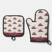 Vintage rode auto met kerstboom gepersonaliseerd ovenwant & pannenlap set (Voorkant)