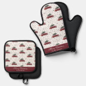 Vintage rode auto met kerstboom gepersonaliseerd ovenwant & pannenlap set (Voorkant / Achterkant)