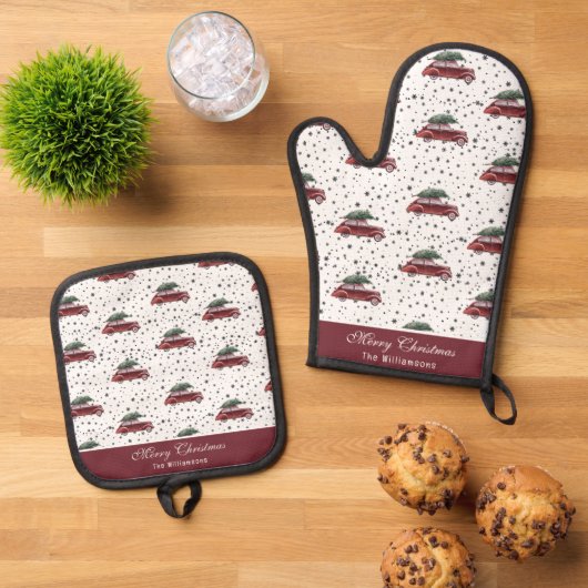 Vintage rode auto met kerstboom gepersonaliseerd ovenwant & pannenlap set (Top down)