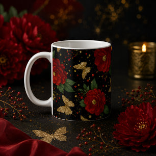 Vintage rode bloem koffiemok gouden vlinder chic