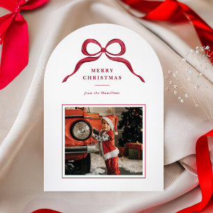 Vintage Rode Boog Elegante Chic Boog Kerst Foto Kaart