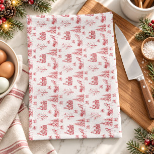 Vintage Rode Crème Kerst Toile Paardenslee Theedoek