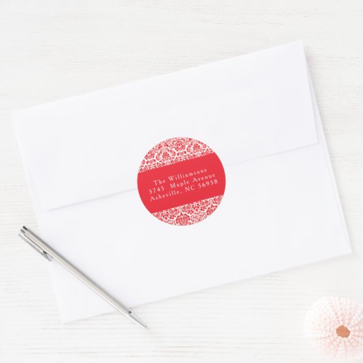 Vintage Rode Damast Aangepast Kerst Retouradres Ronde Sticker (Envelop)