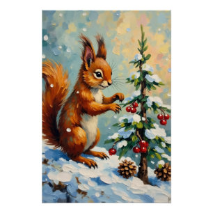 Vintage Rode Eekhoorn Dennenboom Kerstmis Perfect Poster