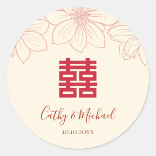 Vintage rode en beige bloemige Chinese bruiloft Ronde Sticker
